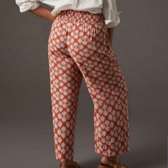 Anthropologie Maeve Printed Wide Leg Pull On Sea Shell Red Orange Pants, Large - Picture 2 of 13